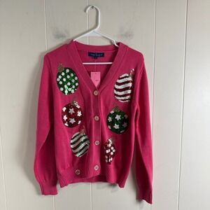 Simply‎ Southern Pink Christmas Ornament Sequin Cardigan  Womens Small Holiday
